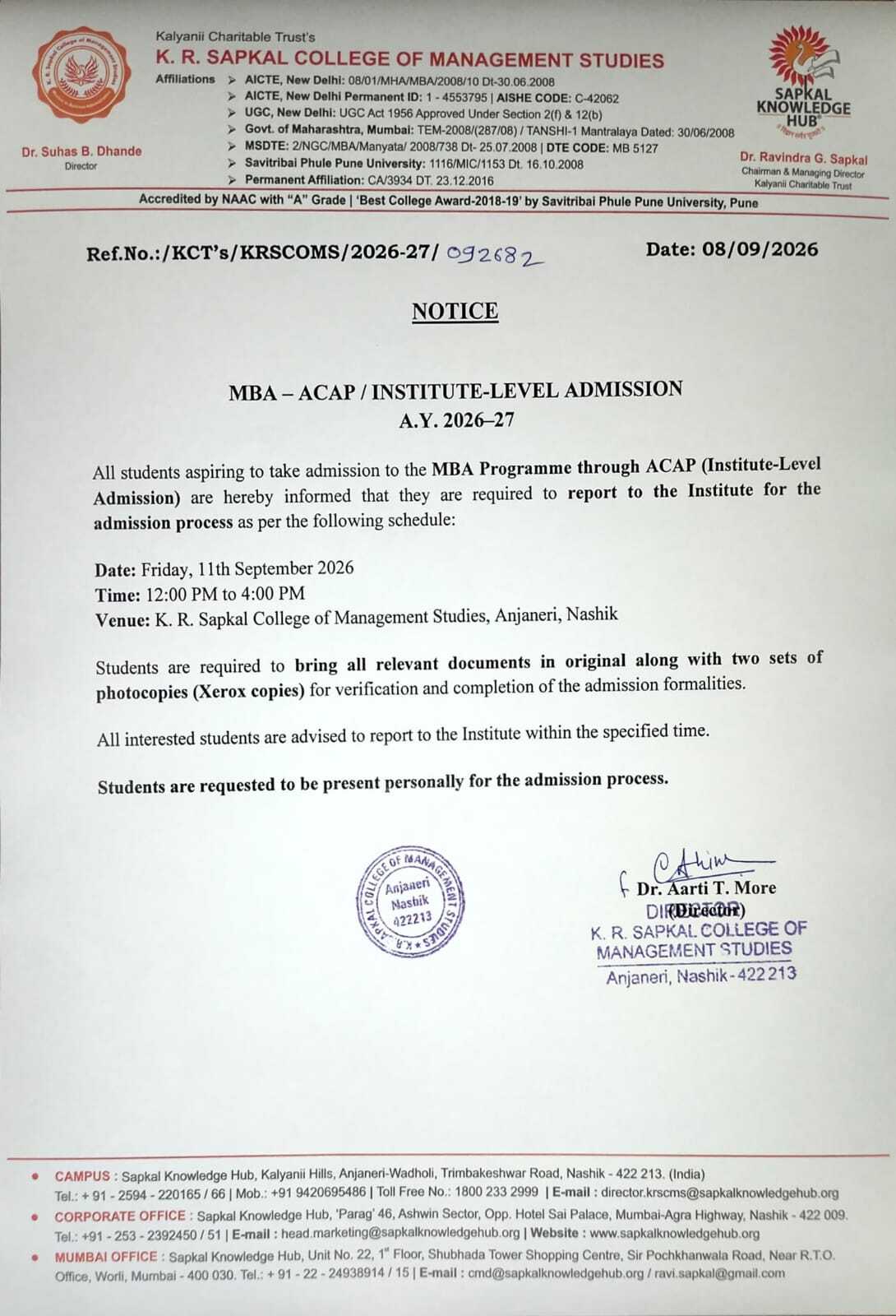 Admission procedure